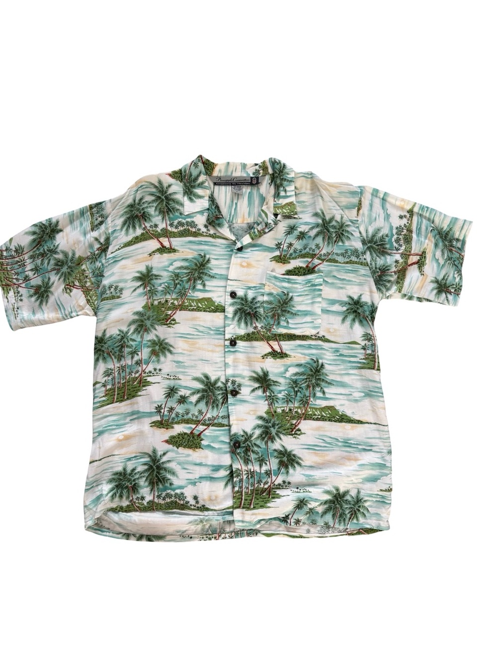 Pineapple Connection Hawaiian Aloha Shirt Large 100% Rayon Tropical Palm Trees